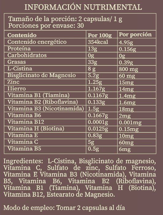 . . . . . . . .   F   o   l   i     Q  . . . . . . . .  |L-cistína|Zinc |Hierro| Biotina |Vitaminas B1 B2 B3 B6 B12 C E